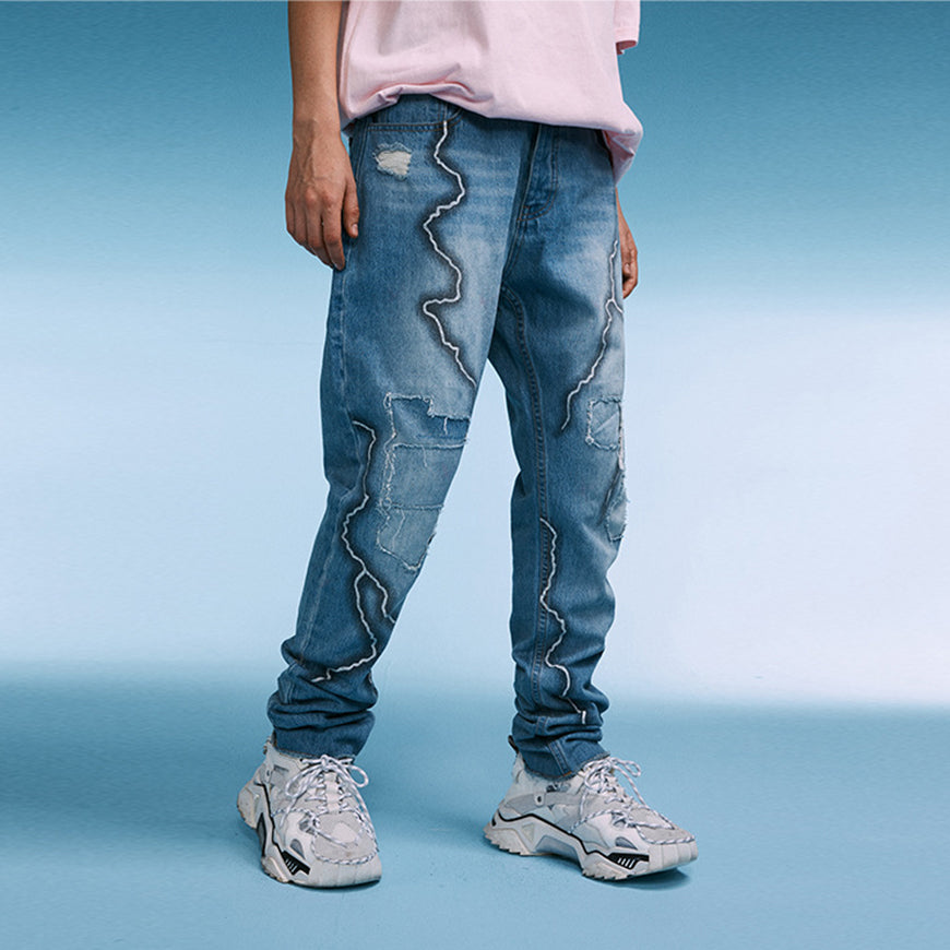 Lightning Print Ripped Jeans