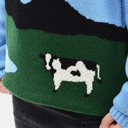 Prairie Cow Pattern Rounded Collar Knitted Sweater