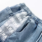Pocket Letter Print Stitching Pockets Denim Cargo Shorts