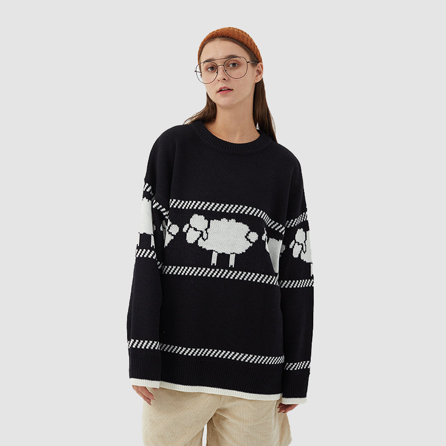 Cartoon Sheep Print Knitted Sweater