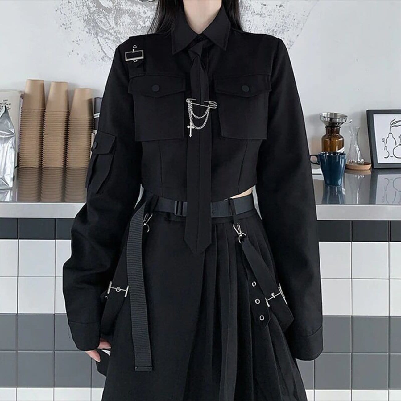 Dark Gothic Exposed Waist Skirt Suit