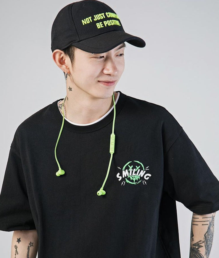 Fluorescent Green Smiley Drawing Face Print Short Sleeve T-Shirt