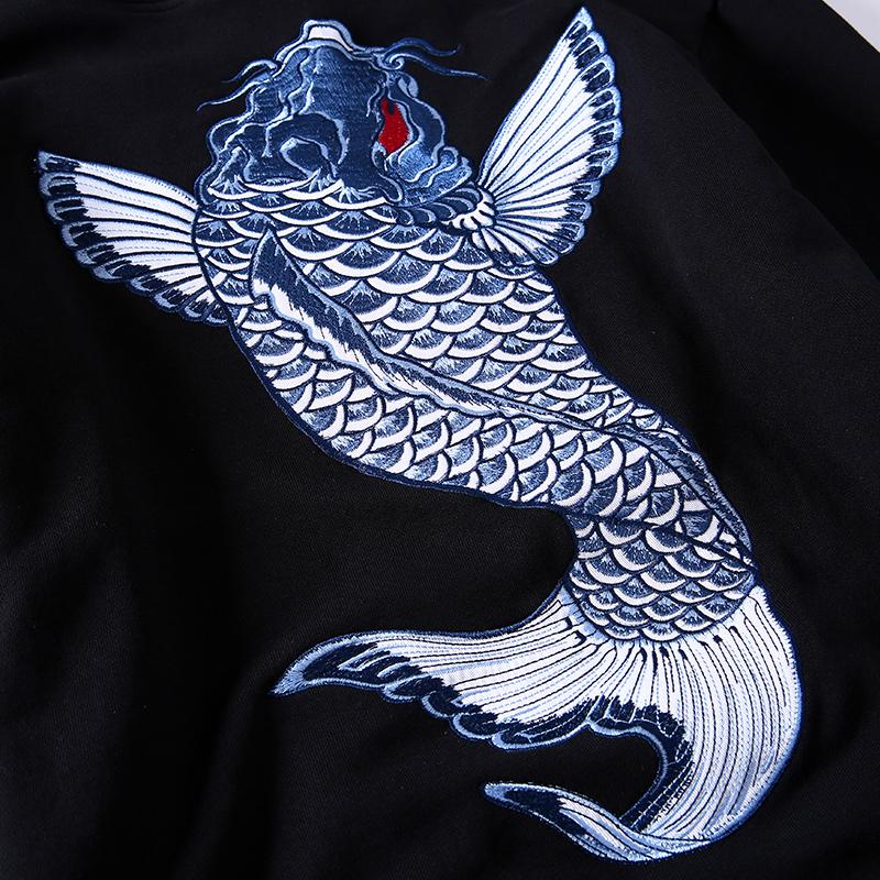 Blue Koi Carp Embroidered Sukajan Hoodie MugenSoul Streetwear Brands Streetwear Clothing  Techwear