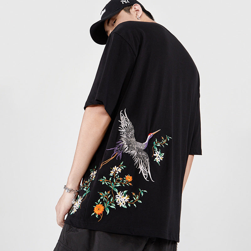 Butterfly & Crane Embroidery T-shirt MugenSoul Streetwear Brands Streetwear Clothing  Techwear