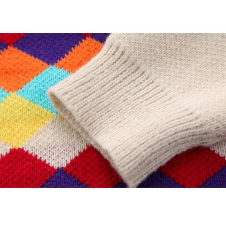 Flower Decor Colorful Argyle Pattern Sweater