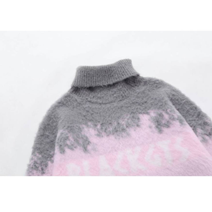 Color Block Letters Print Turtleneck Sweater