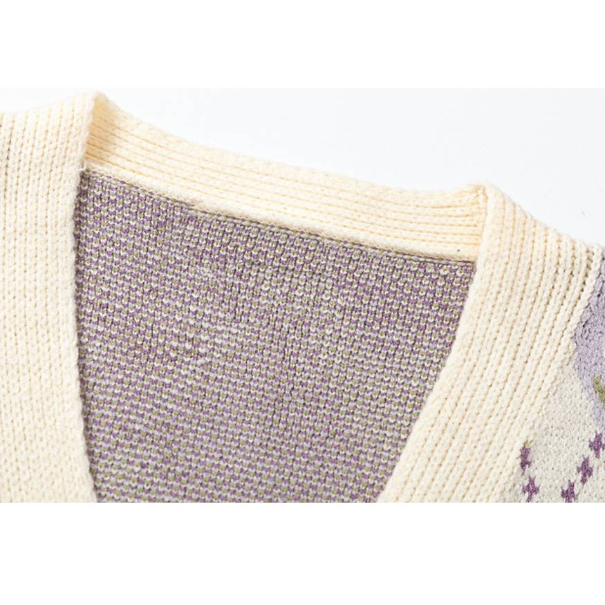 Argyle Floral Pattern Cardigan Sweater