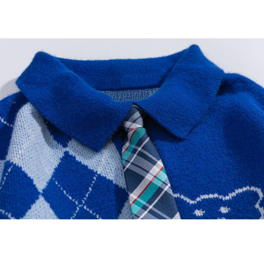 Argyle Bear Print Tie Sweater