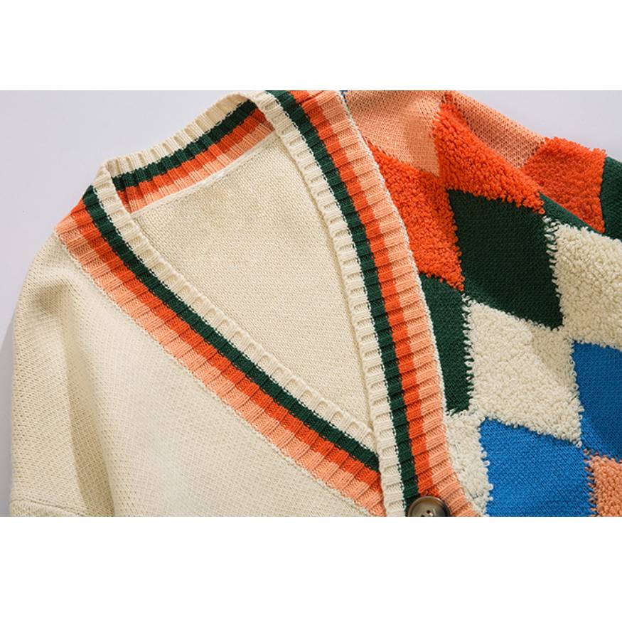 Colorful Argyle Pattern Cardigan Knit Sweater