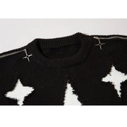 Ripped Hem Star Pattern Shoulder Zipper Sweater