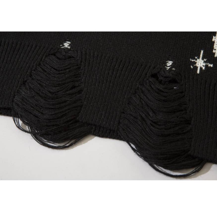 Ripped Hem Twinkle Star Pattern Knit Sweater