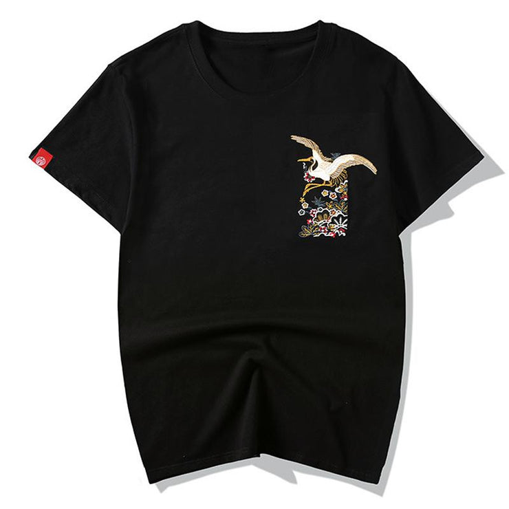 Double Cranes Embroidery T-shirt MugenSoul Streetwear Brands Streetwear Clothing  Techwear