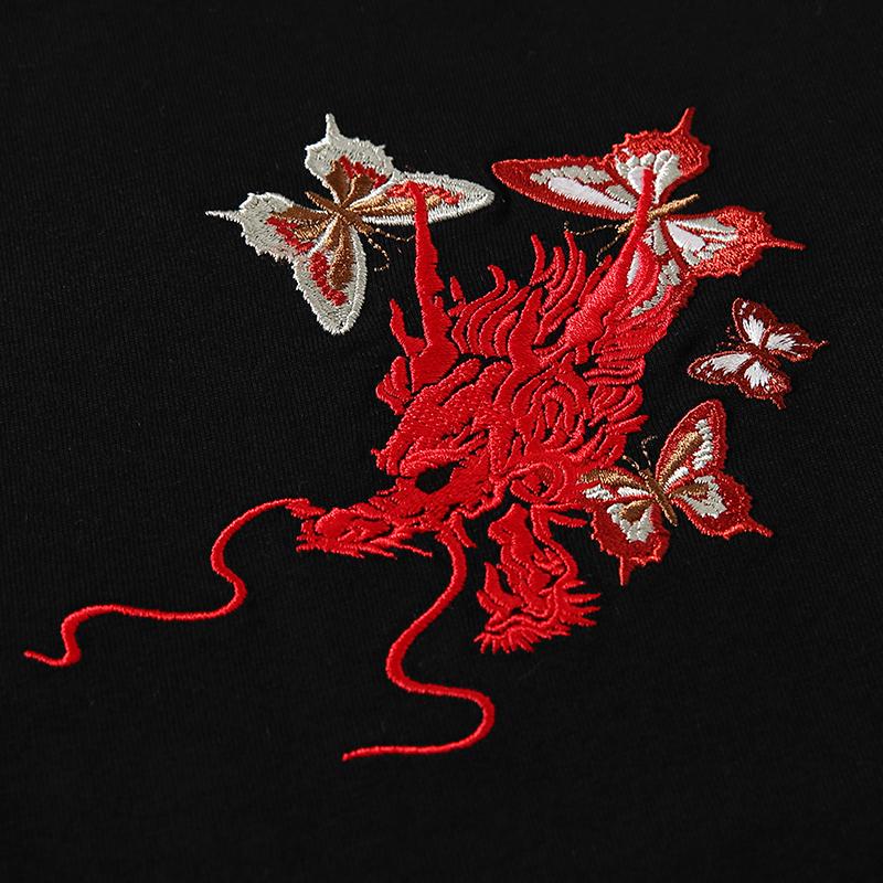 Dragon in Flowers Embroidery T-shirt MugenSoul Streetwear Brands Streetwear Clothing  Techwear