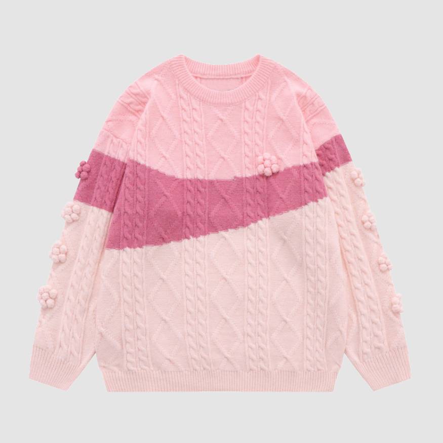 Color Block Knit Flower Decor Sweater