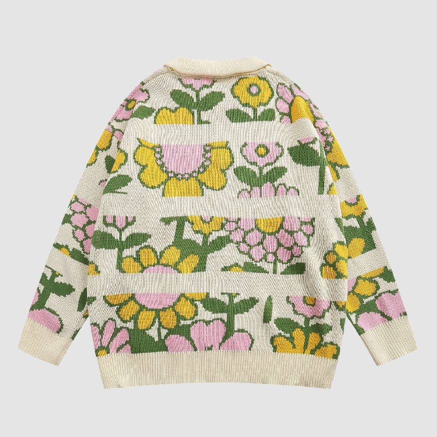 Polo Collar Sunflower Pattern Sweater