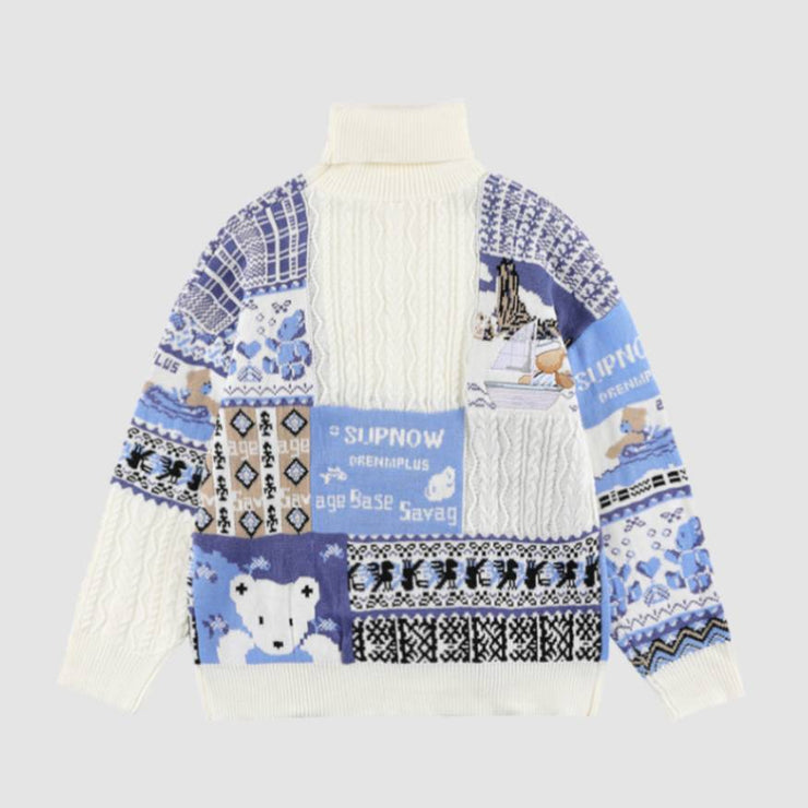 Vintage Bear Pattern Stitching Turtleneck Sweater