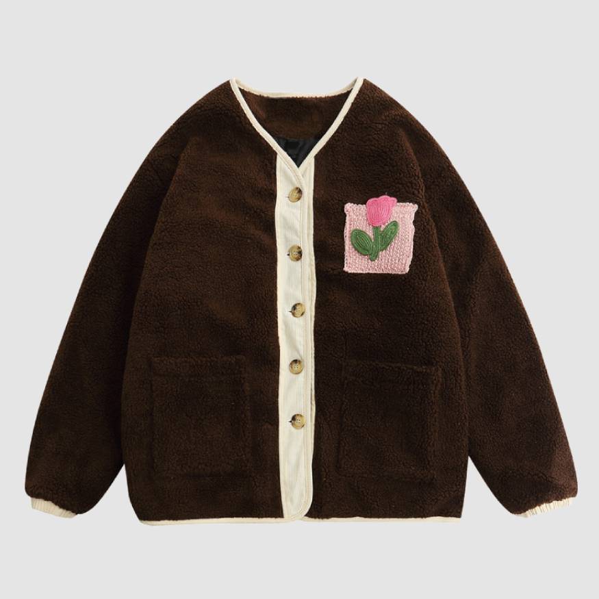 Knit Flower Label Decor Button Down Coat