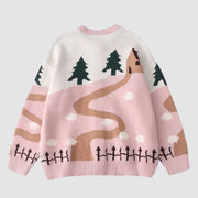 Childlike Landscape Illustration Jacquard Cardigan Sweater