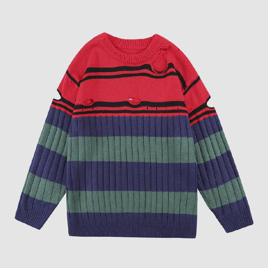 Cutout Ripped Striped Sweater