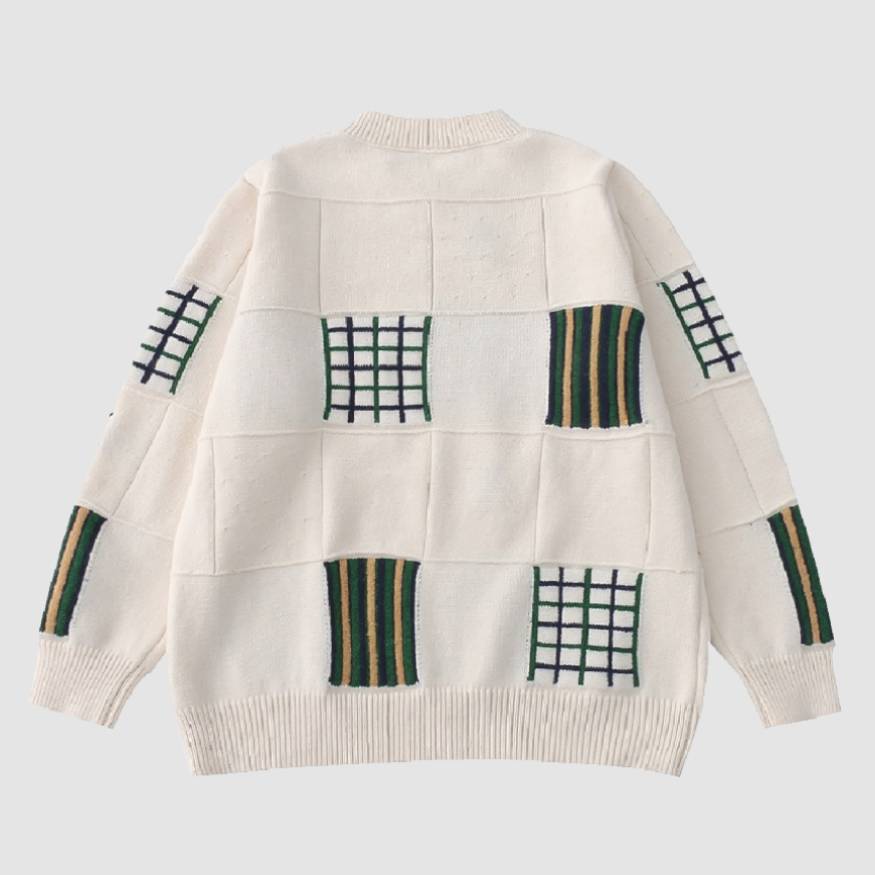 Flower Embroidered Check Jacquard Sweater