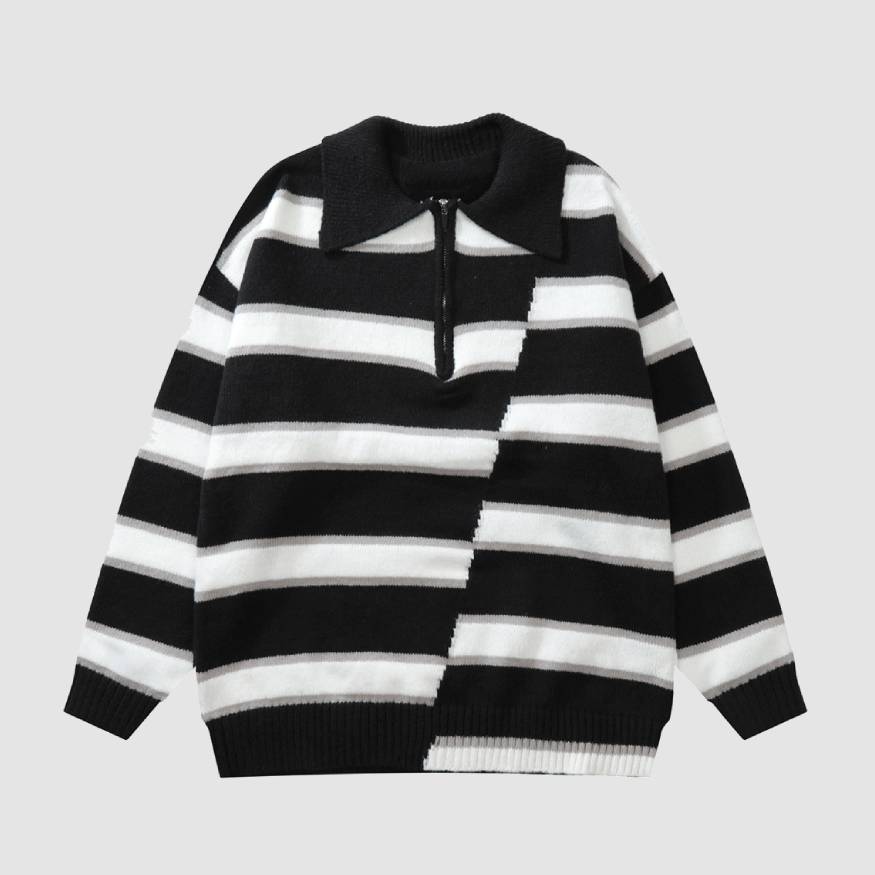 Polo Collar Two Color Striped Sweater
