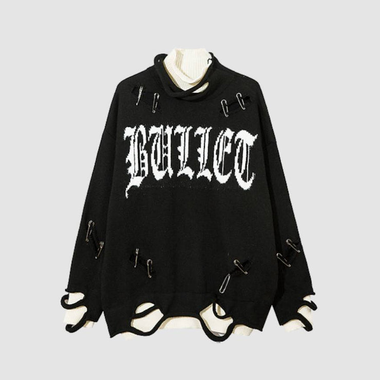 Fake Two Pin Decor Ripped Sweater