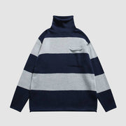 Striped Pattern Pocket Turtleneck Sweater