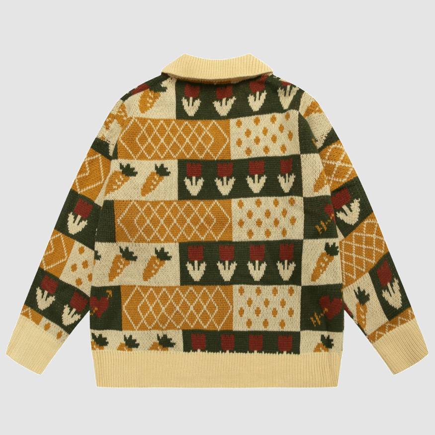 Carrot Flower Pattern Polo Collar Sweater
