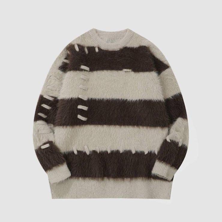 String Decor Striped Pattern Fuzzy Sweater