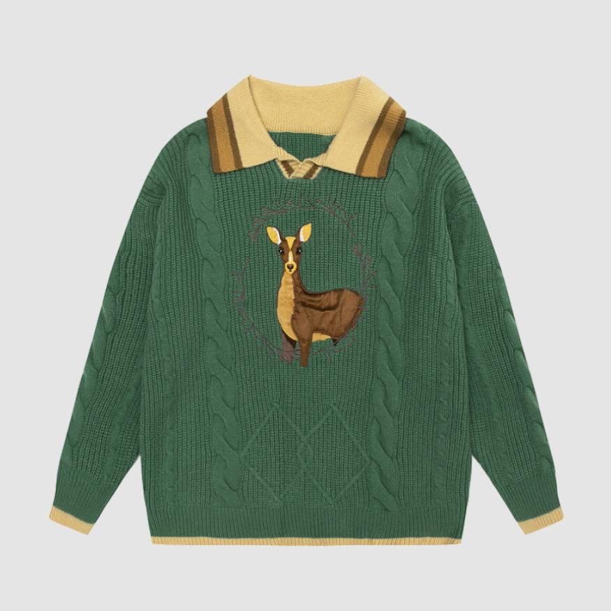 Vintage Deer Pattern Collared Sweater