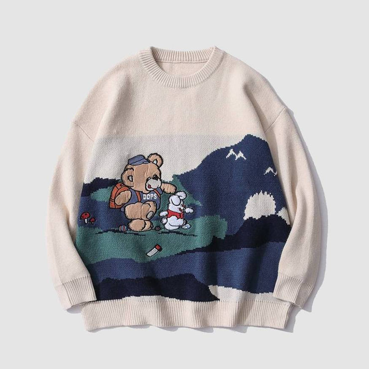Bear Rabbit Pattern Patchwork Sweater