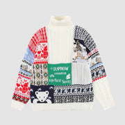 Vintage Bear Pattern Stitching Turtleneck Sweater