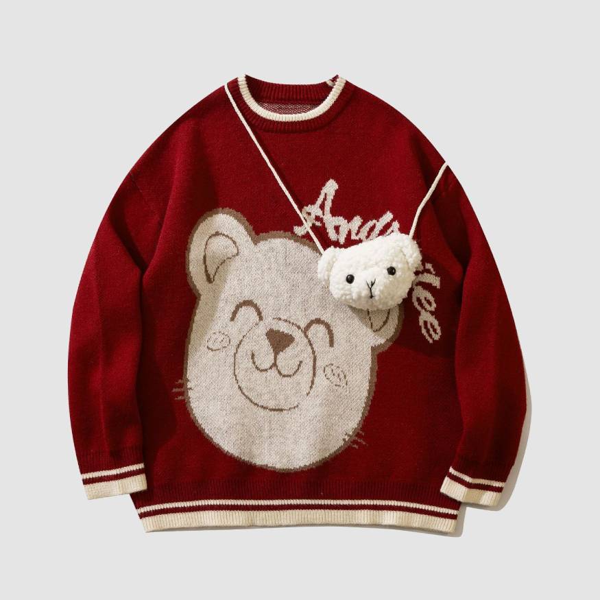Smiley Bear Print Sweater + Bear Mini Bag
