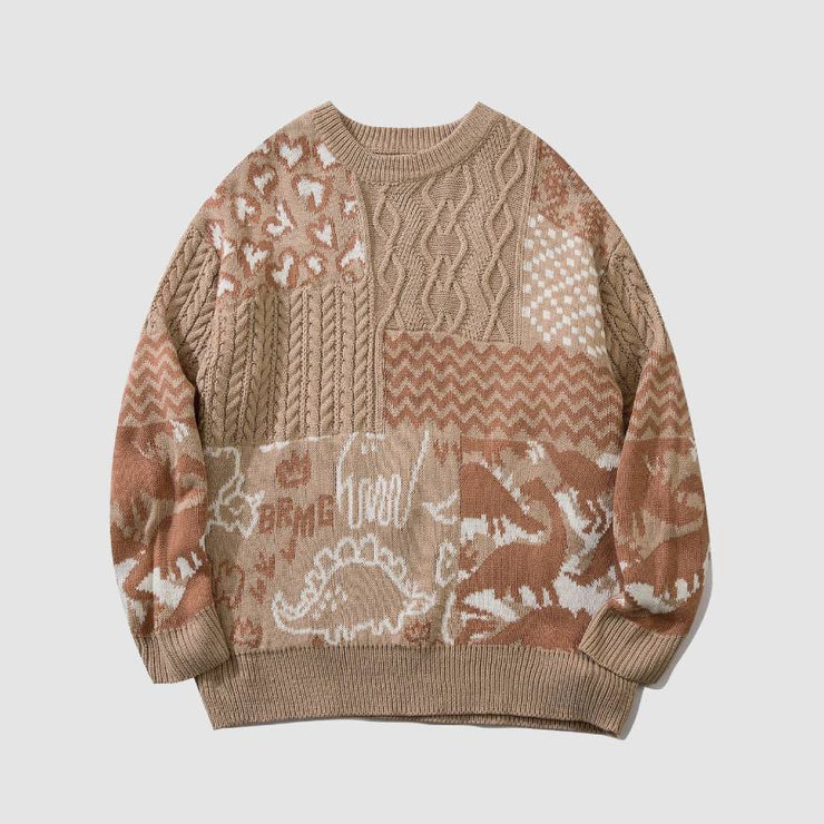 Dinosaur Pattern Stitching Knit Sweater