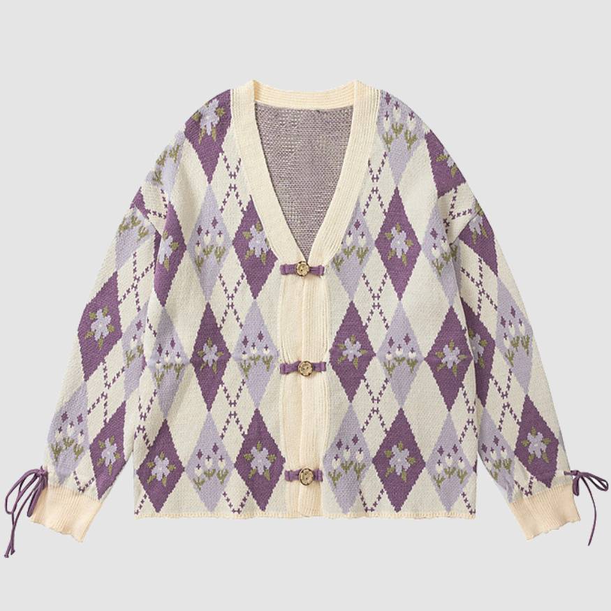 Argyle Floral Pattern Cardigan Sweater