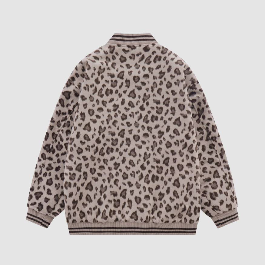 Letters Embroidered Leopard Print Varsity Jacket