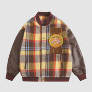 PU Sleeve Patchwork Plaid Pattern Varsity Jacket