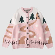 Childlike Landscape Illustration Jacquard Cardigan Sweater