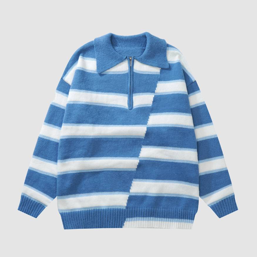 Polo Collar Two Color Striped Sweater