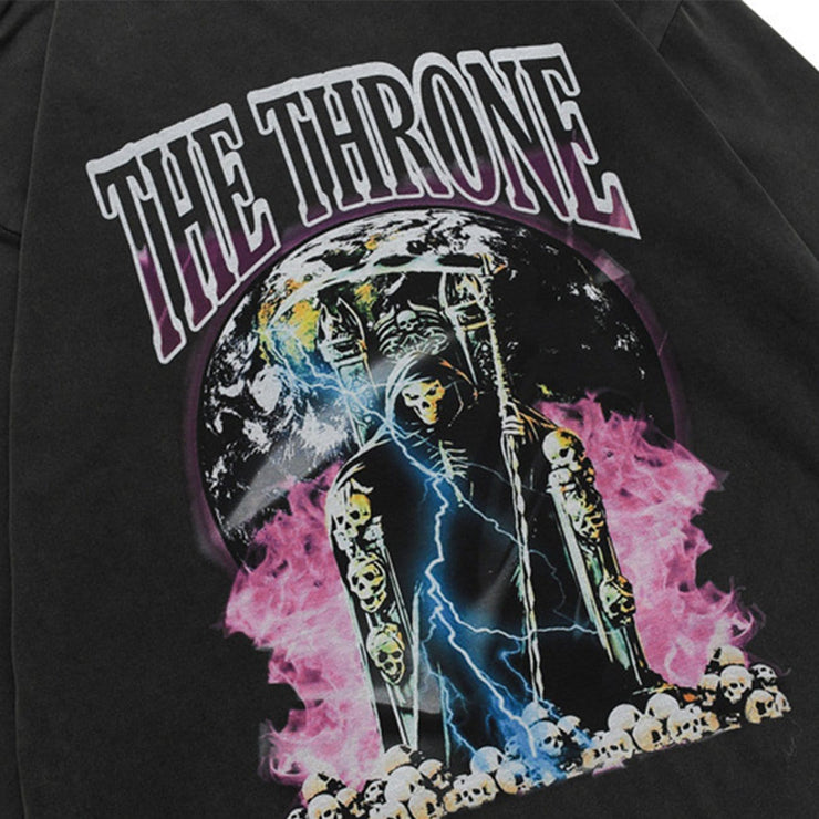 Dark Skull Lightning Print Ripped Hole Sweatshirt