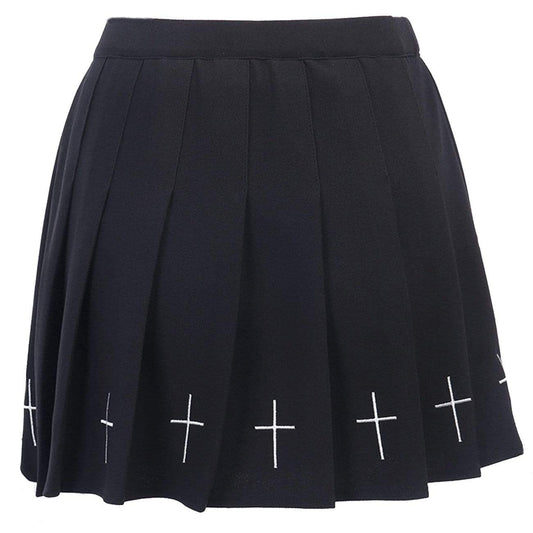 Dark Cross Print High-Waist Pleated Skirt