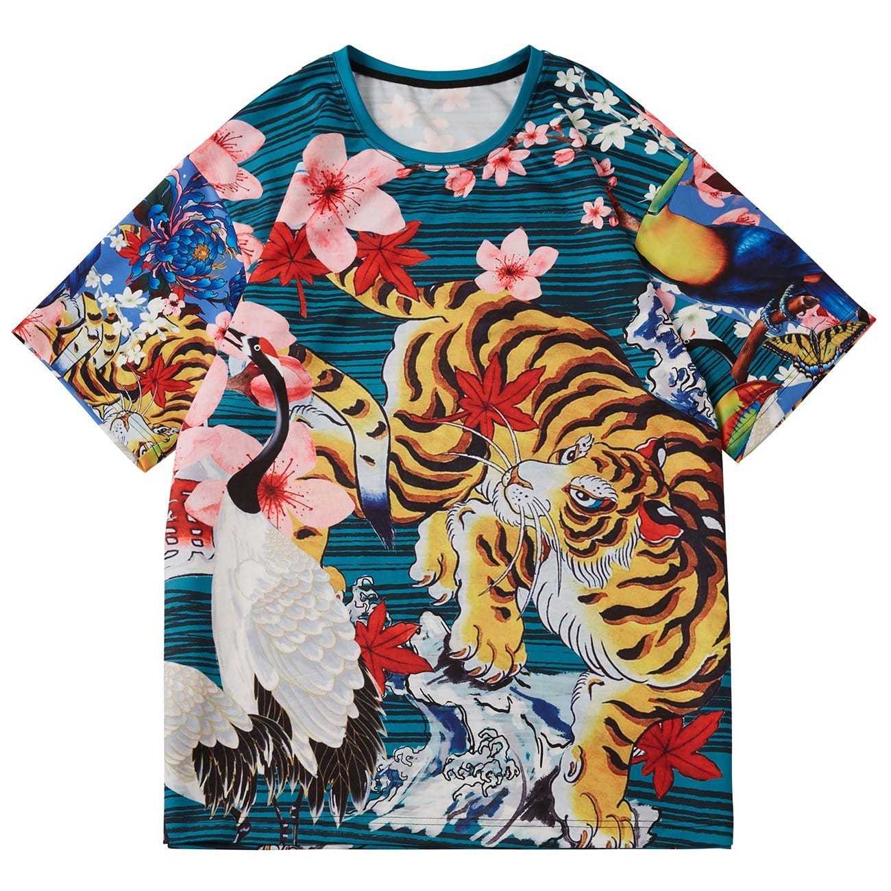 Cherry Blossoms Tiger Crane Print T-Shirt