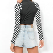 Dark Patchwork Checkerboard Plaid Cropped Long Sleeve T-Shirt