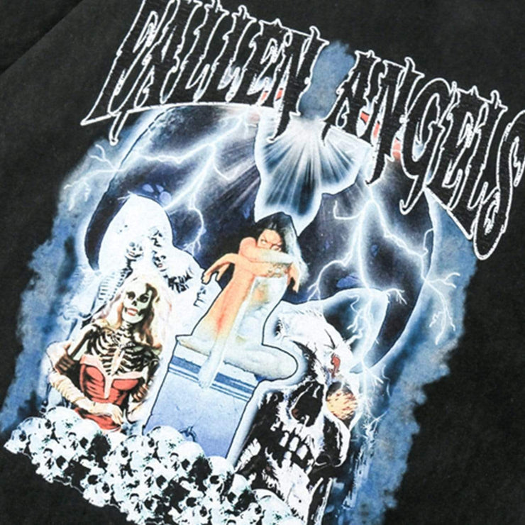 Vintage Lightning Skull Print Washed T-Shirt