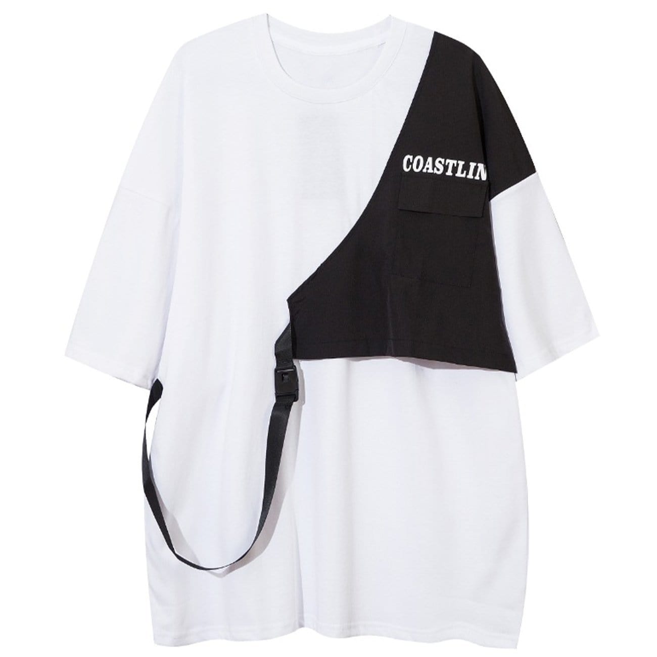 Contrasting Color Stitching Buckle Streamer T-Shirt
