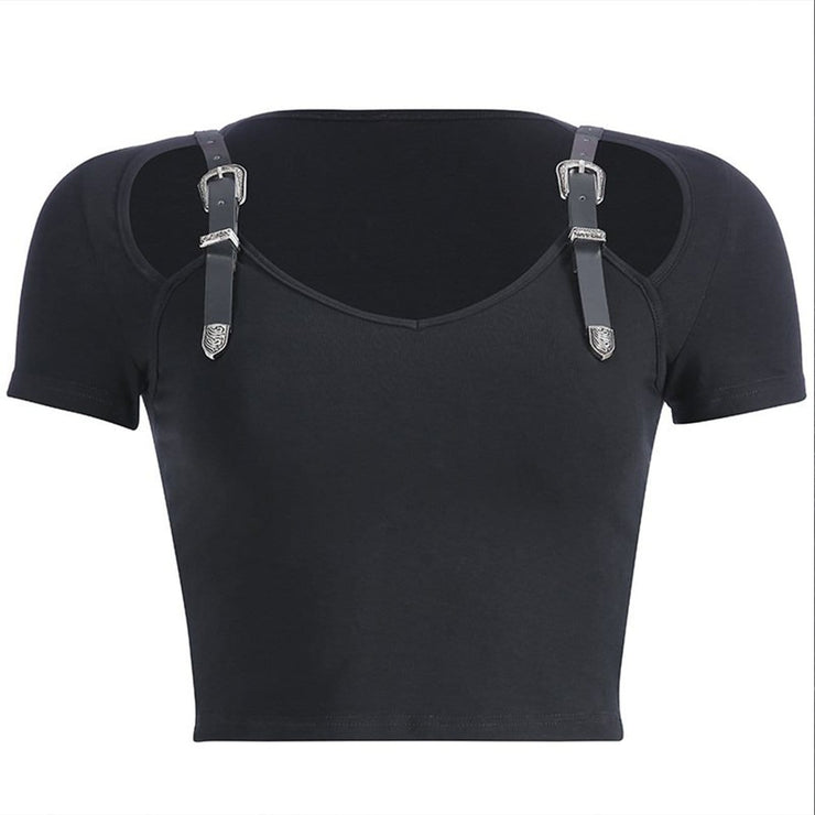 Slim Belt Shoulder Buckle Hollow T-Shirt