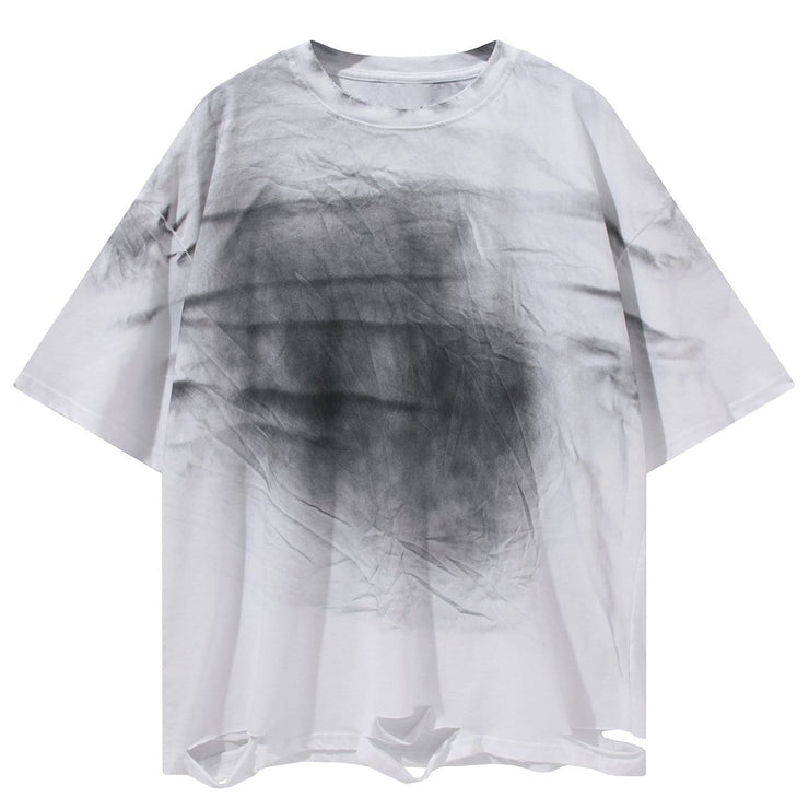 Dark Spray Paint Ripped Hole Cotton T-Shirt