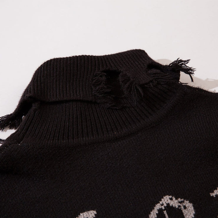 Ripped Tassel Turtleneck Knitted Sweater