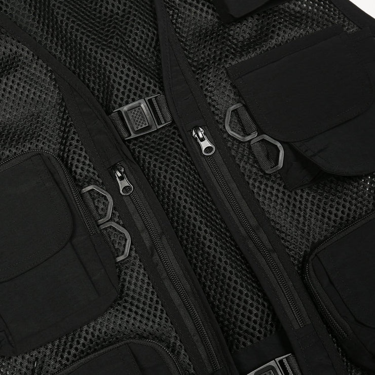 Function Grid Patchwork Multi Pockets Cardigan Jacket Vest