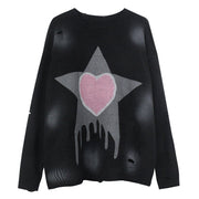 Dark Tie-Dye Ripped Five-Pointed Star Love Knitted Sweater